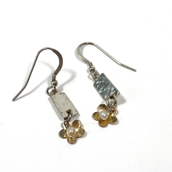 925 Earrings Drops Dangles Artisan Purls Textured Sterling Gold Vermeil 2.58g - Picture 3 of 12